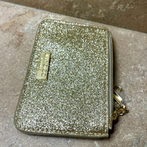 Jimmy Choo Gold Glitter Mini Wallet Coin Card ID Pouch Charm Logo - Picture 5 of 12